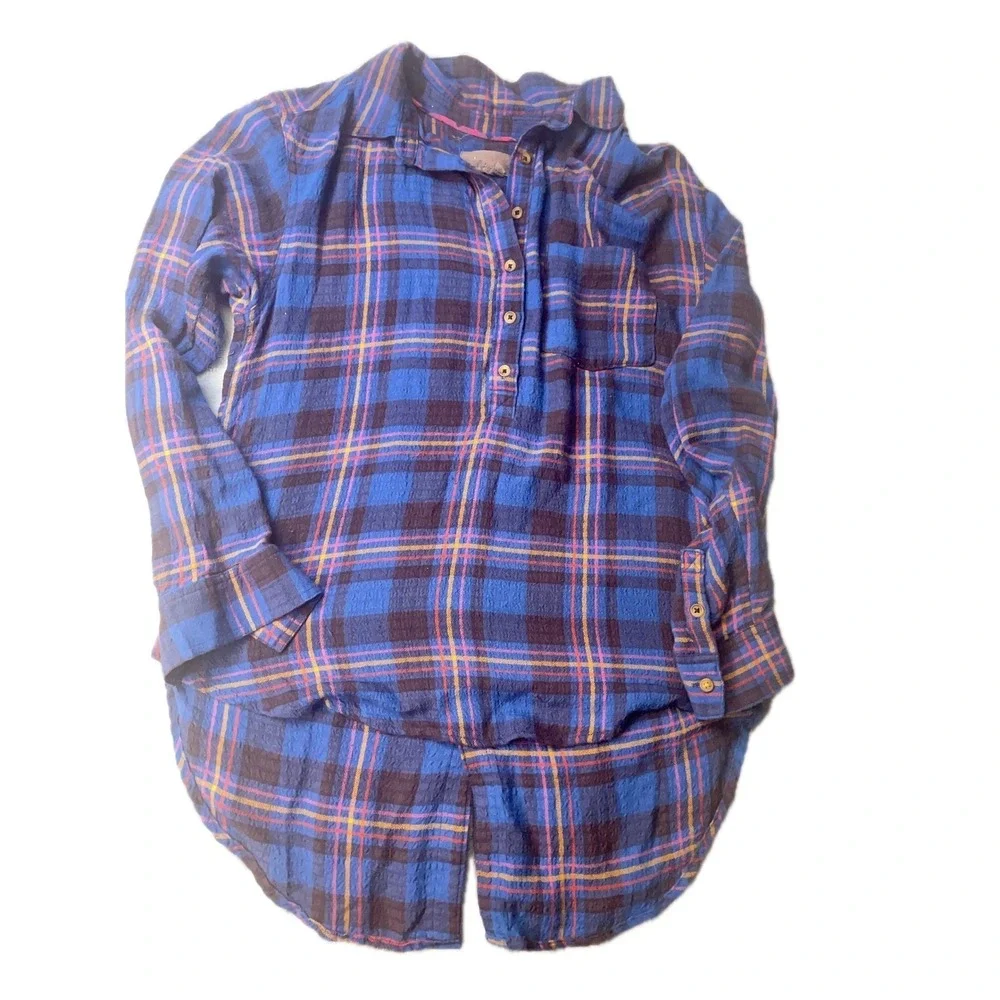 Anthropologie Pilcro Blue Plaid Tunic Shirt Women's Size S Long Sleeve Button Up